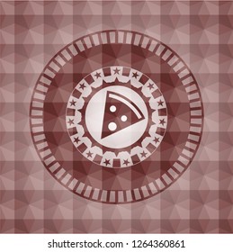 pizza slice icon inside red seamless emblem or badge with geometric pattern background.