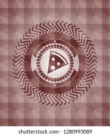 pizza slice icon inside red emblem or badge with abstract geometric polygonal pattern background. Seamless.
