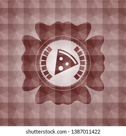 pizza slice icon inside red seamless badge with geometric background.
