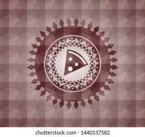 pizza slice icon inside red emblem or badge with geometric pattern background. Seamless.