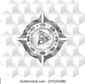 pizza slice icon inside retro style grey emblem with geometric cube white background