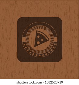 pizza slice icon inside retro wooden emblem