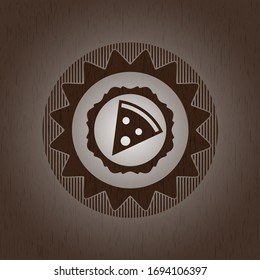 pizza slice icon inside retro style wood emblem