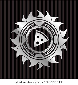 pizza slice icon inside silver emblem or badge