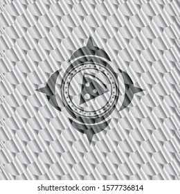 pizza slice icon inside silver emblem or badge. Scales pattern. Vector Illustration. Detailed.
