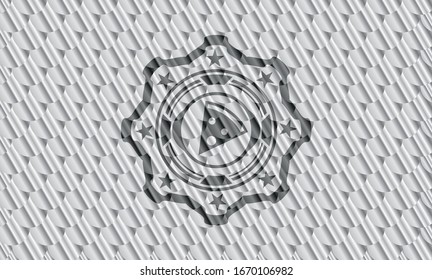 pizza slice icon inside silver shiny badge. Scales pattern. Vector Illustration. Detailed.