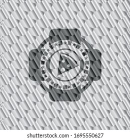 pizza slice icon inside silver badge or emblem. Scales pattern. Vector Illustration. Detailed.