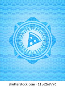 pizza slice icon inside sky blue water wave emblem background.
