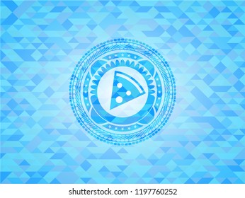 pizza slice icon inside sky blue emblem with triangle mosaic background