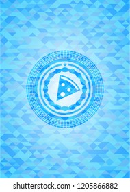 pizza slice icon inside sky blue emblem with mosaic ecological style background