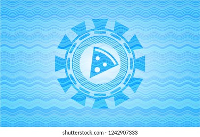 pizza slice icon inside sky blue water badge.