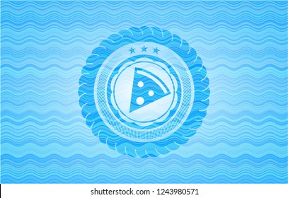pizza slice icon inside sky blue water wave style emblem.