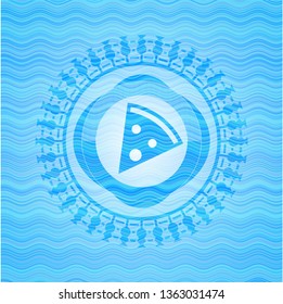 pizza slice icon inside sky blue water badge.