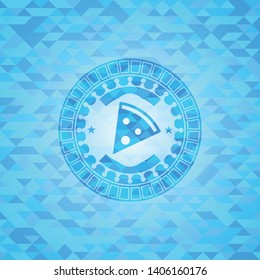 pizza slice icon inside sky blue emblem. Mosaic background