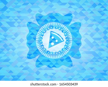 pizza slice icon inside sky blue emblem with triangle mosaic background