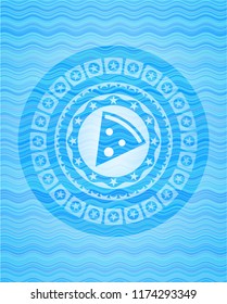 pizza slice icon inside water wave concept style emblem.
