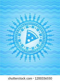 pizza slice icon inside water wave representation style emblem.