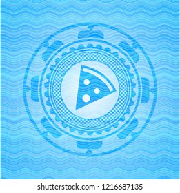 pizza slice icon inside water wave concept emblem background.