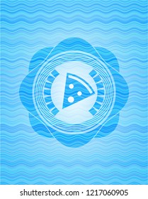 pizza slice icon inside water wave badge background.