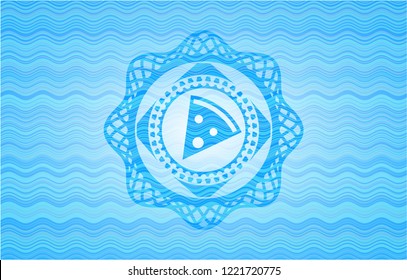 pizza slice icon inside water wave representation emblem background.