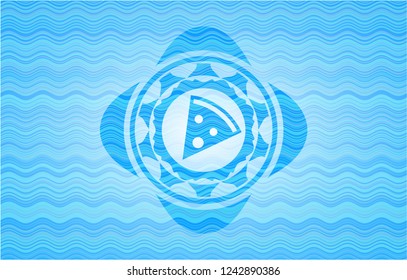 pizza slice icon inside water wave concept badge.