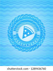 pizza slice icon inside water concept style emblem.