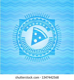 pizza slice icon inside water wave style emblem.