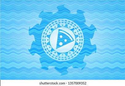 pizza slice icon inside water wave representation style emblem.