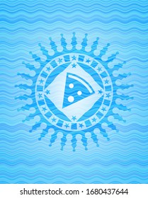 pizza slice icon inside water concept badge.
