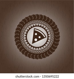 pizza slice icon inside wood emblem. Retro