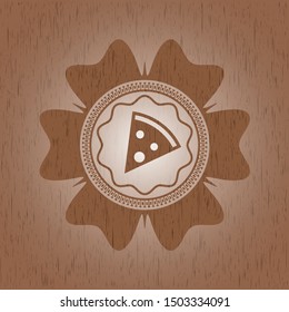 pizza slice icon inside wood badge or emblem