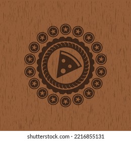 pizza slice icon inside wood emblem. 