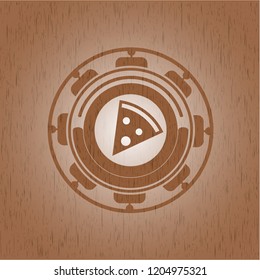 pizza slice icon inside wooden emblem. Retro