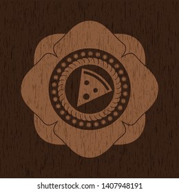 pizza slice icon inside wooden emblem