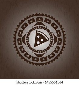 pizza slice icon inside wooden emblem