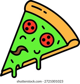 Pizza slice icon with melting green cheese and pepperoni