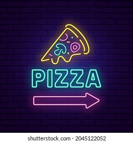 Pizza slice icon neon sign, bright glowing emblem. Pizzeria logo background for Italian food restaurant, cafe and delivery. Street food line vector illustration. 