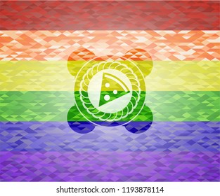 pizza slice icon on mosaic background with the colors of the LGBT flag