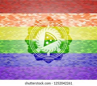 pizza slice icon on mosaic background with the colors of the LGBT flag