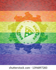 pizza slice icon on mosaic background with the colors of the LGBT flag