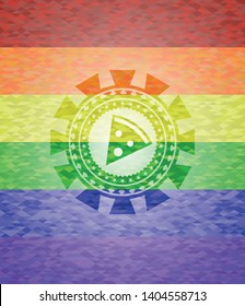 pizza slice icon on mosaic background with the colors of the LGBT flag