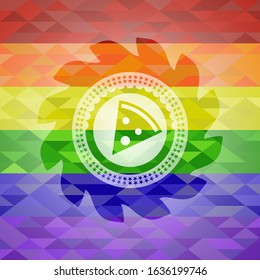 pizza slice icon on mosaic background with the colors of the LGBT flag