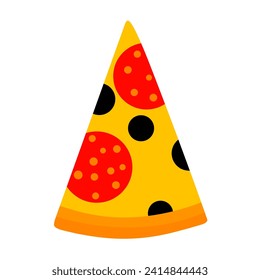 Pizza slice icon on white background. Italian snack topped with mozzarella and tomato slices.