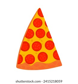 Pizza slice icon on white background. Italian snack topped with mozzarella and red tomato slices. Vector illustration