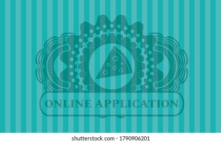 pizza slice icon and Online application text Turquoise emblem. Bars fashionable background. Illustration. 