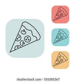 pizza slice icon, outline thin line isolated vector sign symbol, on white, red, blue, yellow and grey background. Food and drink elements. Can be used in logo, UI and web design