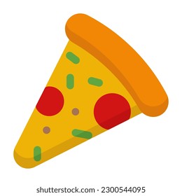 Pizza slice icon. Pizza slice with pepperoni flat icon. Pizzeria food sign. Fast food symbol. Vector illustration