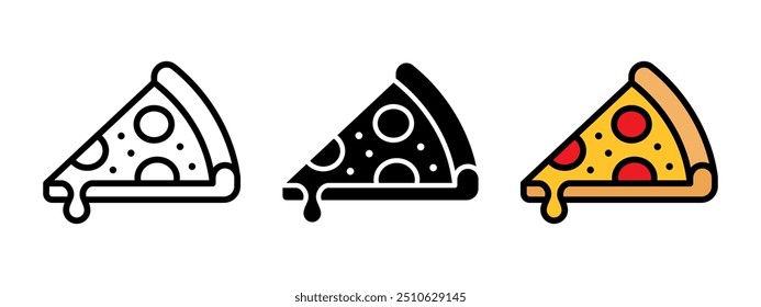 Pizza slice icon. Piece of pizza peperoni vector illustration. Pizzeria logo. Salami pizza symbol. Fast food sign in three different styles isolated.