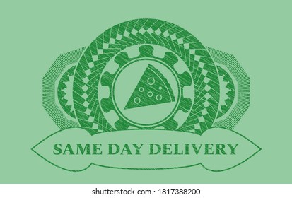 pizza slice icon and Same day delivery text Green stroke badge. Eco classic background. Intense illustration. 