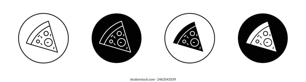 Pizza slice icon set. italian cheese pizza vector symbol. pepperoni pizza icon in black filled and outlined style.